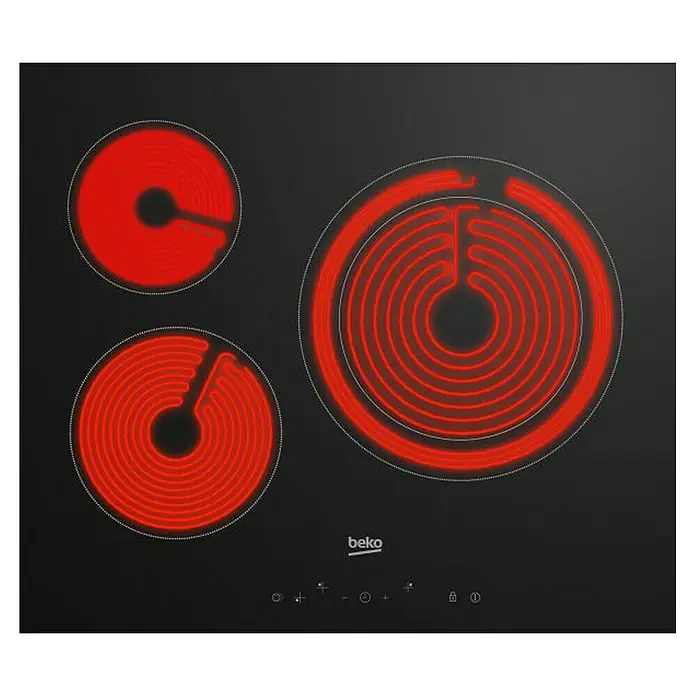Beko Placa de cocción vitrocerámica HIC 63401 T - Número de fogones estándar: 3 ud., 5,7 kW, Vidrio - Primer plano de una placa de cocina eléctrica Beko con tres zonas de cocción rojas incandescentes, con un diseño elegante y moderno.