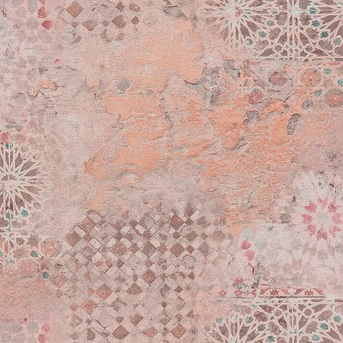 Tadessi Vliestapete M1-No.605 - Orange, Fliesenoptik, 10,05 x 0,53 m - Geraute rosa-pfirsichfarbene Wandtextur mit verblassten geometrischen marokkanischen Fliesenmustern.