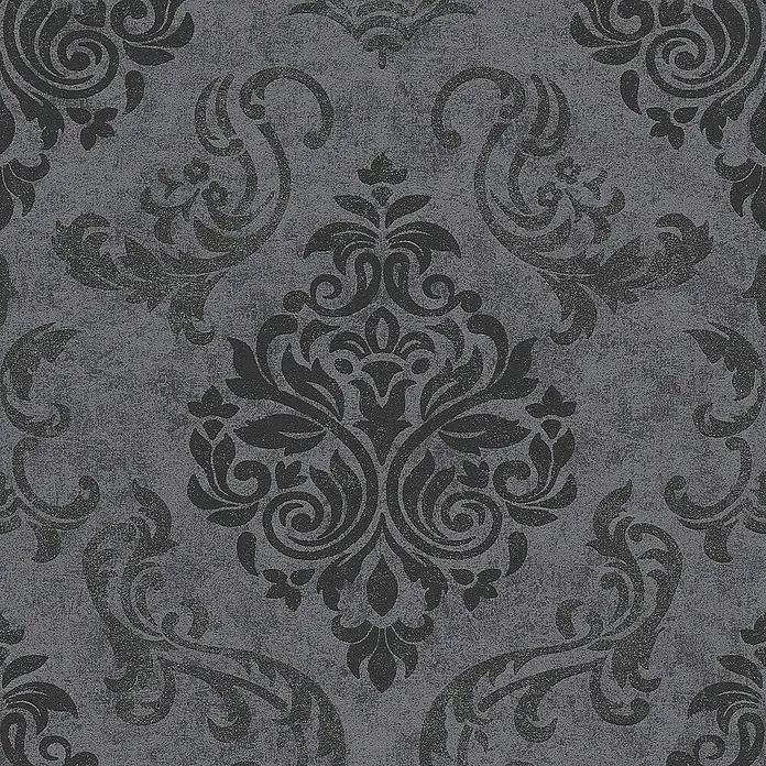 Tadessi Vliestapete M1-No.901 - Schwarz, Ornament, 10,05 x 0,53 m - Dunkelgraue Damast-Tapete mit strukturierter, verwitterter Oberfläche.