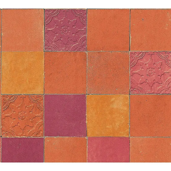 Tadessi Vliestapete M1-No.1663 - Rot, Fliesenoptik, 10,05 x 0,53 m - Mosaik aus quadratischen Terrakotta-, Orange- und Magentafarbenen Fliesen, teils glatt, teils mit geprägtem Blumenmuster.