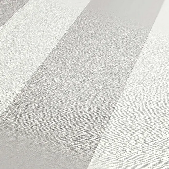 Tadessi Vliestapete M1-No.2243 - Grau, Streifen, 10,05 x 0,53 m - Strukturierte Tapete mit breiten weißen und hellgrauen Diagonalstreifen.