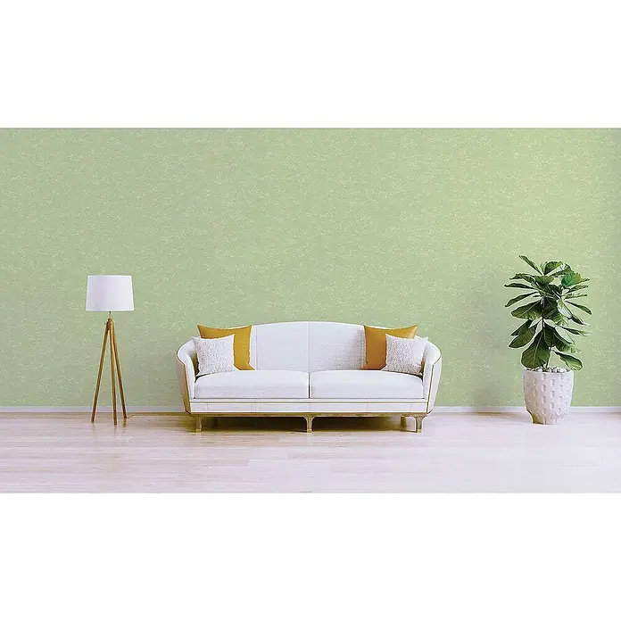 Tadessi Vliestapete M1-No.3660 - Grün, Uni, 10,05 x 0,53 m - Hellgrüne, strukturierte Tapete, die eine Wand in einem modernen Wohnzimmer bedeckt.
