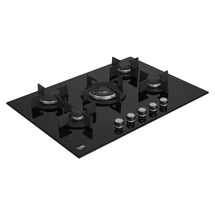 Beko Placa de cocción de cristal HILW 75222 SL - L x An: 52,4 x 75 cm, Número de quemadores de gas: 5 ud. - Encimera de gas negra de Beko con cinco quemadores y controles de perilla para un fácil ajuste del calor para una cocción precisa.