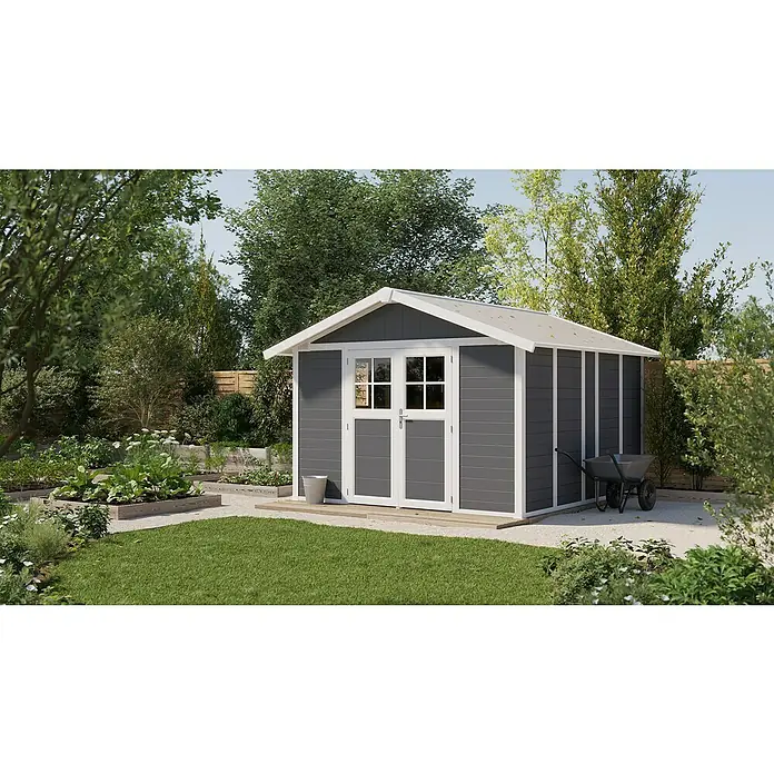 Grosfillex Caseta para jardín Deco - Medidas ext. (An x Pr): 315 x 357 cm, Plástico, Blanco/Gris oscuro, 11 m² - La caseta de jardín gris con detalles blancos ofrece mucho espacio de almacenamiento. Se integra perfectamente en el jardín.