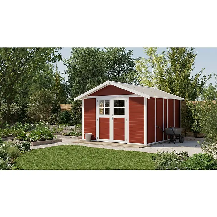 Grosfillex Caseta para jardín Deco - Medidas ext. (An x Pr): 315 x 357 cm, Plástico, Blanco/Rojo, 11 m² - Una caseta de jardín roja con detalles blancos, rodeada de vegetación. La caseta ofrece almacenamiento y se integra bien en el jardín.