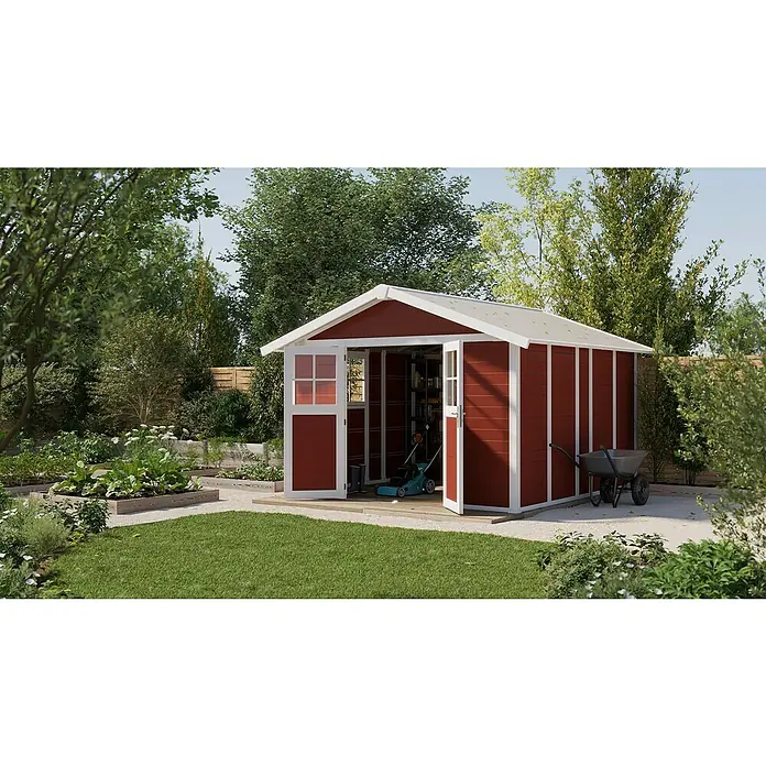 Grosfillex Caseta para jardín Deco - Medidas ext. (An x Pr): 315 x 357 cm, Plástico, Blanco/Rojo, 11 m² - Cobertizo de jardín espacioso en rojo intenso con detalles blancos, rodeado de exuberante vegetación, ofrece un espacio ideal.