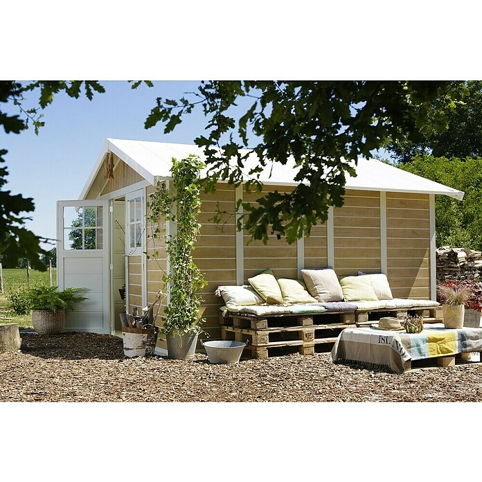 Grosfillex Caseta para jardín Deco (Medidas ext. (An x Pr): 315 x 357 cm, Plástico, Blanco/Efecto madera, 11 m²) | BAUHAUS