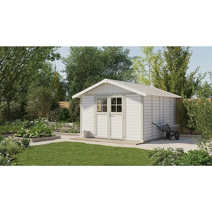 Grosfillex Caseta para jardín Deco - Medidas ext. (An x Pr): 315 x 357 cm, Plástico, Blanco/Gris verdoso, 11 m² - Una caseta de jardín luminosa con puertas dobles y una carretilla a un lado, rodeada de vegetación.