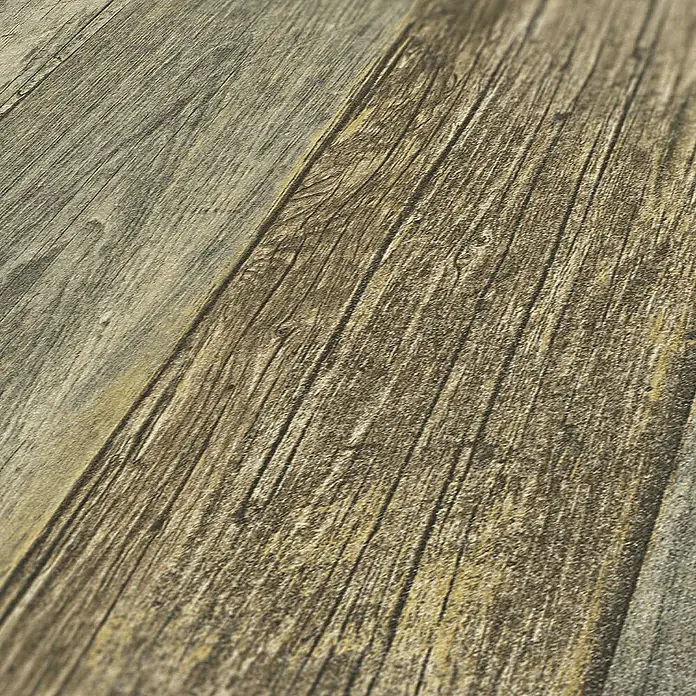 Tadessi Vliestapete M1-No.1421 - Gelb, Holzoptik, 10,05 x 0,53 m - Nahaufnahme von abgenutzten Holzplanken mit sichtbarer Maserung und natürlichen Braun- und Grautönen, diagonal verlegt.