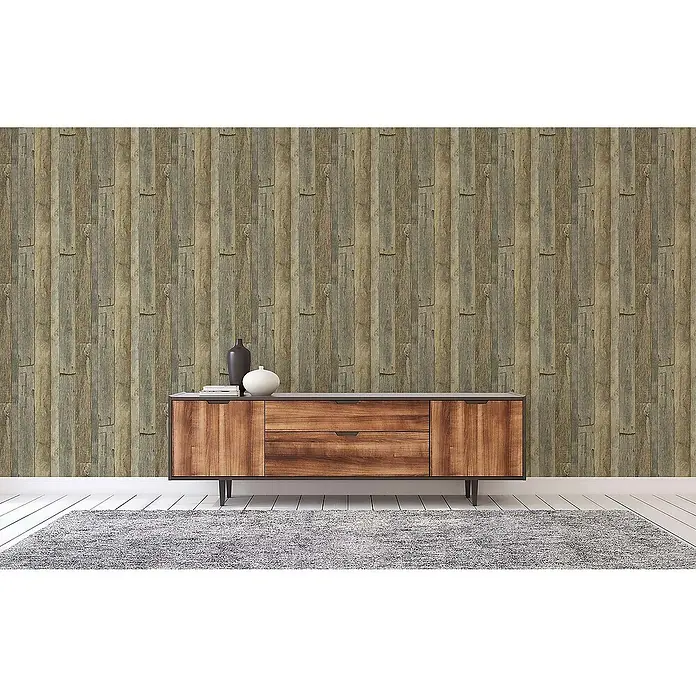 Tadessi Vliestapete M1-No.1421 - Gelb, Holzoptik, 10,05 x 0,53 m - Rustikale Tapete mit verwittertem Holzplankenmuster in Braun- und Grautönen, für eine gealterte, natürliche Wandgestaltung.