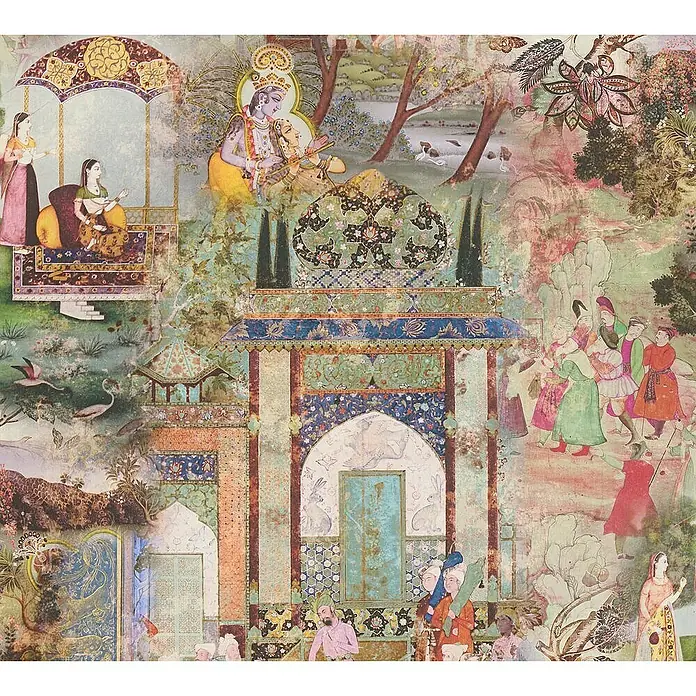 Tadessi Vliestapete M1-No.1698 - Orange, Sonstiges, 10,05 x 0,53 m - Detailreiche Collage-Tapete mit traditionellen indischen Miniaturmalereien, lebendigen Figuren, üppigen Landschaften und verzierter Architektur.