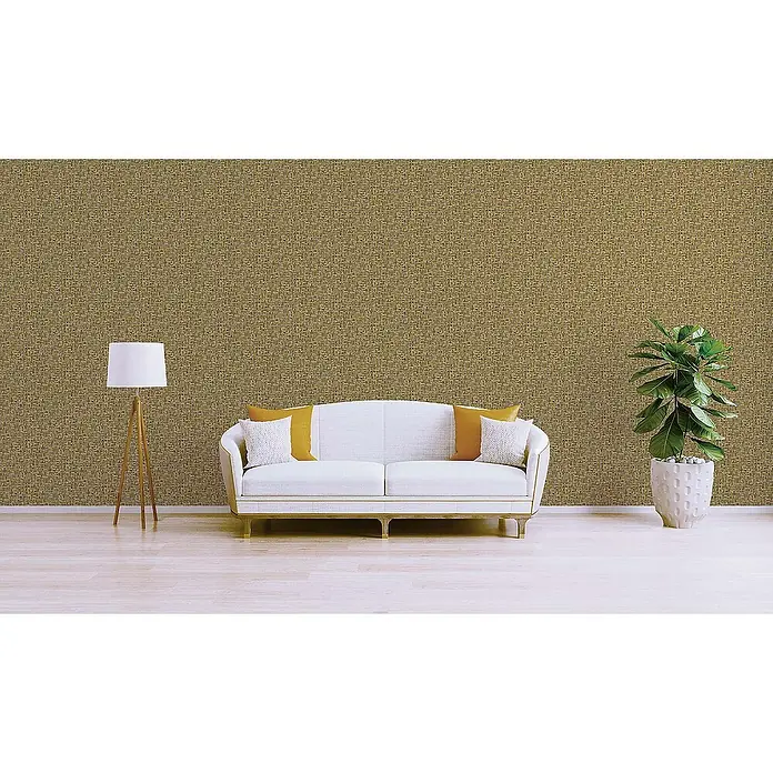 Tadessi Vliestapete M1-No.1535 - Gelb, Holzoptik, 10,05 x 0,53 m - Strukturierte braun-goldene Tapete bedeckt eine Wand in einem modernen Wohnzimmer.