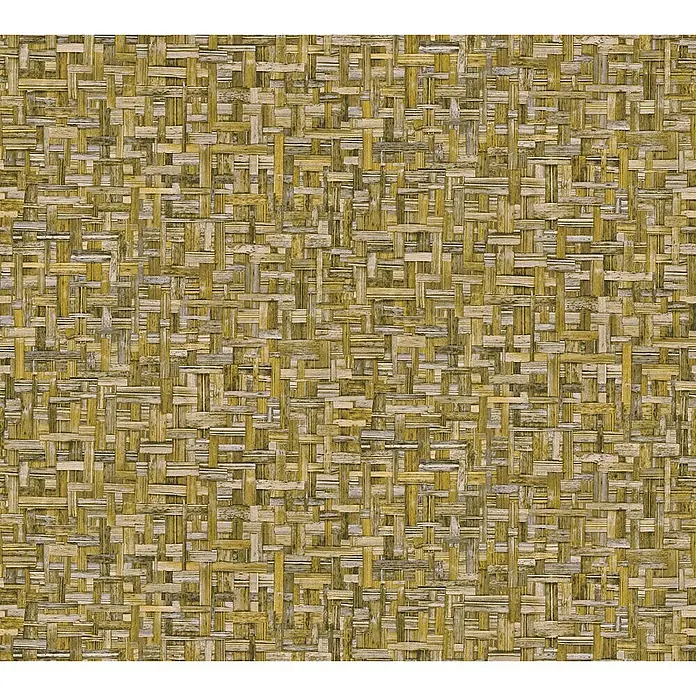 Tadessi Vliestapete M1-No.1535 - Gelb, Holzoptik, 10,05 x 0,53 m - Texturierte Nahaufnahme einer eng gewebten Bambus- oder Rattanmatte in natürlichen gelb-braunen Tönen.