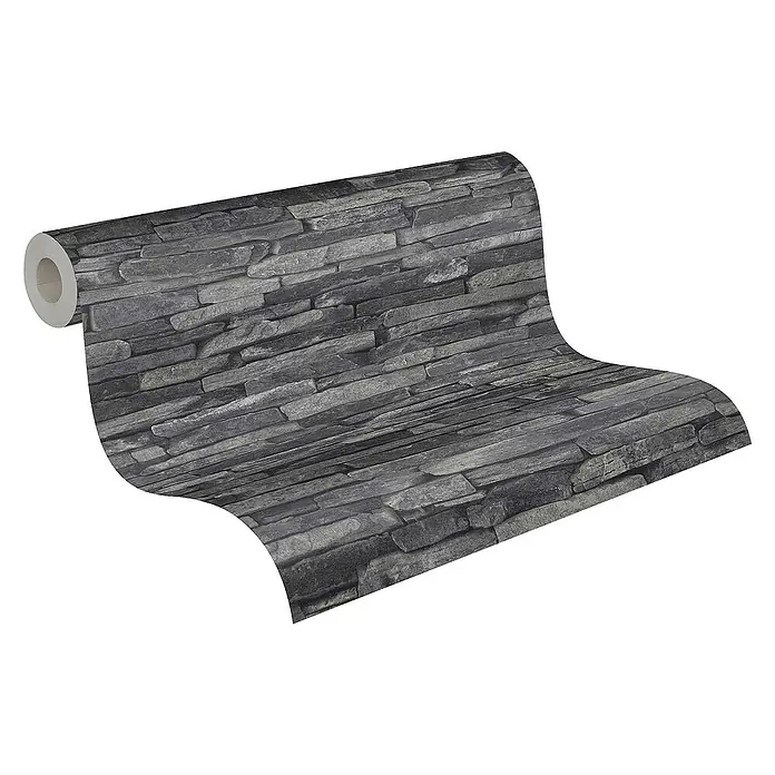 Tadessi Vliestapete M1-No.2 - Schwarz, Steinoptik, 10,05 x 0,53 m - Rolle grauer Tapete mit realistischem Stein- oder Schiefer-Effektmuster.