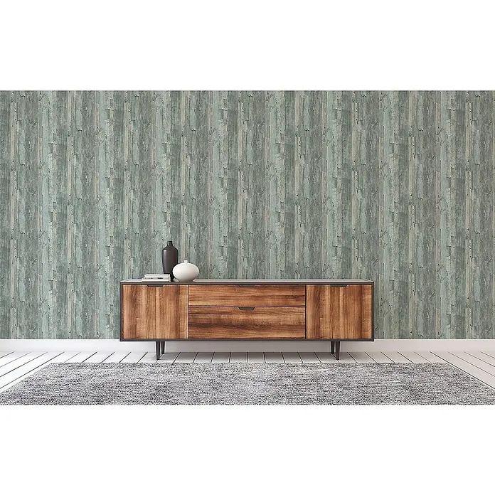 Tadessi Vliestapete M1-No.3761 - Blau, Holzoptik, 10,05 x 0,53 m - Tapete mit verwittertem blaugrünem und grauem Holzplankendesign, die eine rustikale Akzentwand schafft.