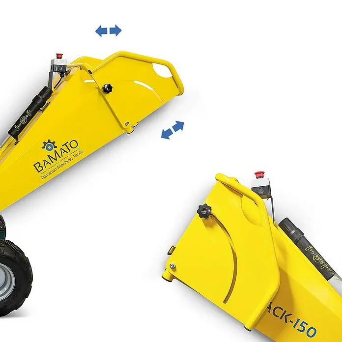 Bamato Benzin-Häcksler HACK-150 inkl. Abdeckplane - Max. Aststärke: 120 mm, 9 kW, Hubraum: 420 cm³ - Gelbes BAMATO Maschinenteil, Modell ACK-150, zeigt einen verstellbaren Mechanismus mit schwarzem Knopf und blauen Pfeilen.