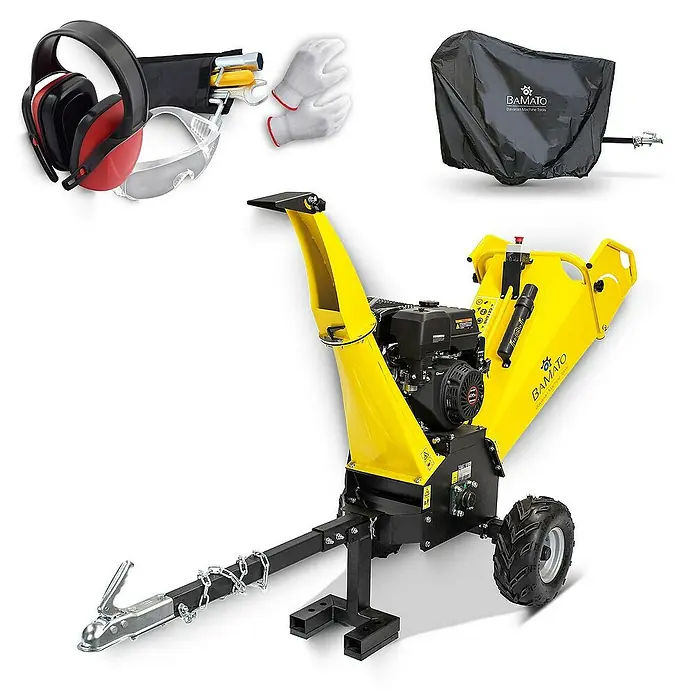 Bamato Benzin-Häcksler HACK-150 inkl. Abdeckplane - Max. Aststärke: 120 mm, 9 kW, Hubraum: 420 cm³ - Gelber Benzin-Holzhäcksler mit Anhängerkupplung, Arbeitsschutz (Gehörschutz, Brille, Handschuhe) und schwarzer Schutzhülle.