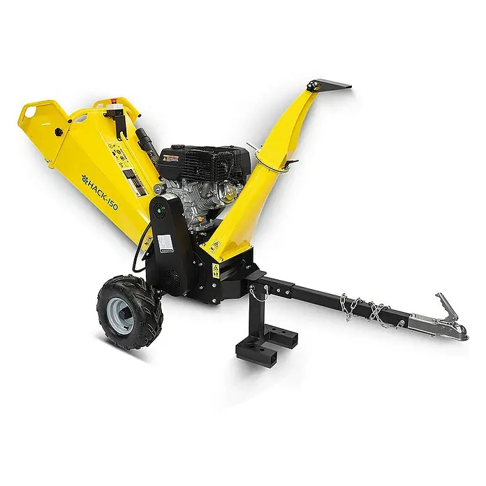 Bamato Benzin-Häcksler HACK-150 inkl. Abdeckplane - Max. Aststärke: 120 mm, 9 kW, Hubraum: 420 cm³ - Gelber, anhängbarer Holzhacker mit Benzinmotor, einem Rad und Anhängerkupplung.