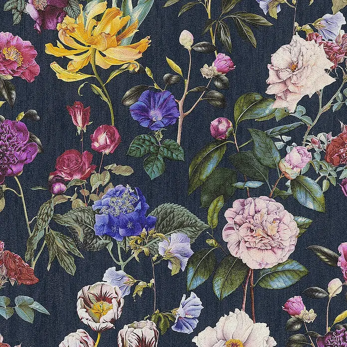 Tadessi Vliestapete M1-No.348 - Blau, Floral, 10,05 x 0,53 m - Dunkles florales Muster auf marineblauem Hintergrund mit bunten Vintage-Blumen.