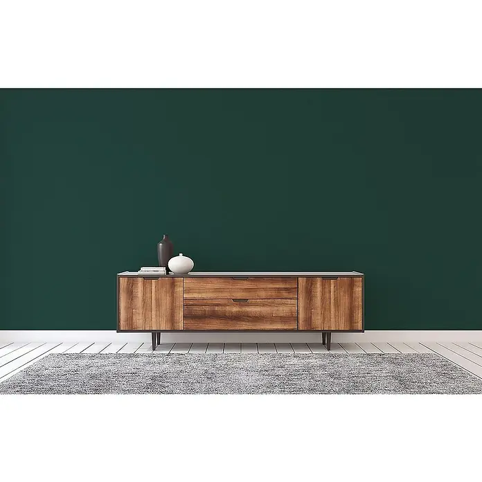 Tadessi Vliestapete M1-No.1198 - Grün, Uni, 10,05 x 0,53 m - Ein stilvolles braunes Sideboard aus Holz mit zwei Türen und zwei Schubladen, dekoriert mit Vasen und Büchern, auf weißem Boden mit grauem Teppich.