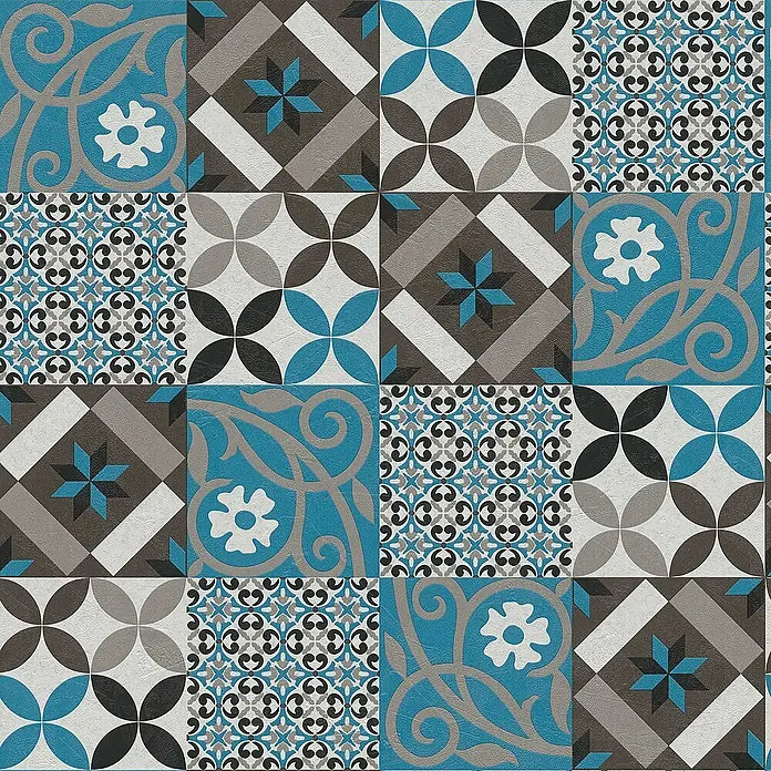 Tadessi Vliestapete M1-No.522 - Schwarz, Fliesenoptik, 10,05 x 0,53 m - Dekorative Zementfliesen in Blau, Grau, Weiß und Braun mit vielfältigen geometrischen und floralen Mustern, ideal für Boden- oder Wandgestaltung.