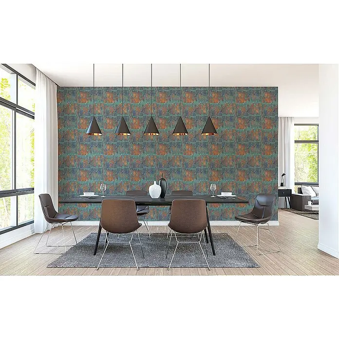 Tadessi Vliestapete M1-No.152 - Blau, Sonstiges, 10,05 x 0,53 m - Tapete im Industriestil mit distressed Kupfer- und Türkismuster in einem modernen Esszimmer.