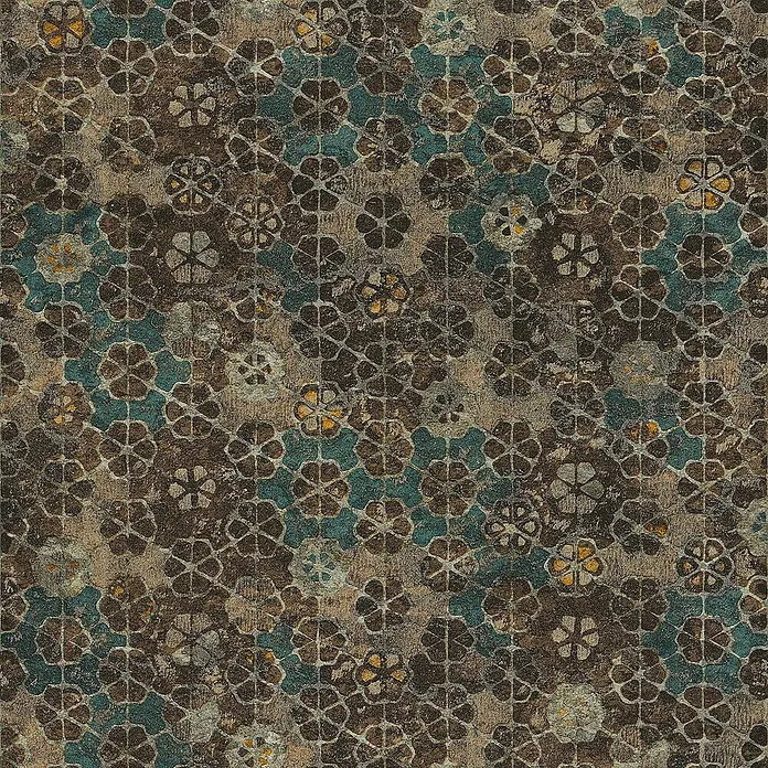 Tadessi Vliestapete M1-No.360 - Grün, Fliesenoptik, 10,05 x 0,53 m - Strukturiertes Muster stilisierter Blüten in erdigen Braun-, Petrol- und Goldtönen mit Used-Look.