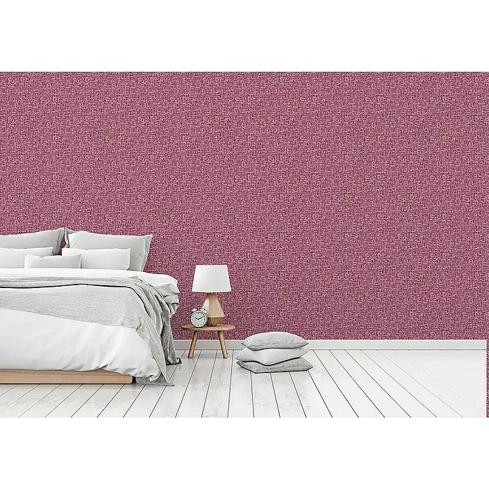 Tadessi Vliestapete M1-No.1536 - Rosa, Holzoptik, 10,05 x 0,53 m - Strukturierte rosa Tapete mit dezentem Webmuster an einer Schlafzimmerwand.