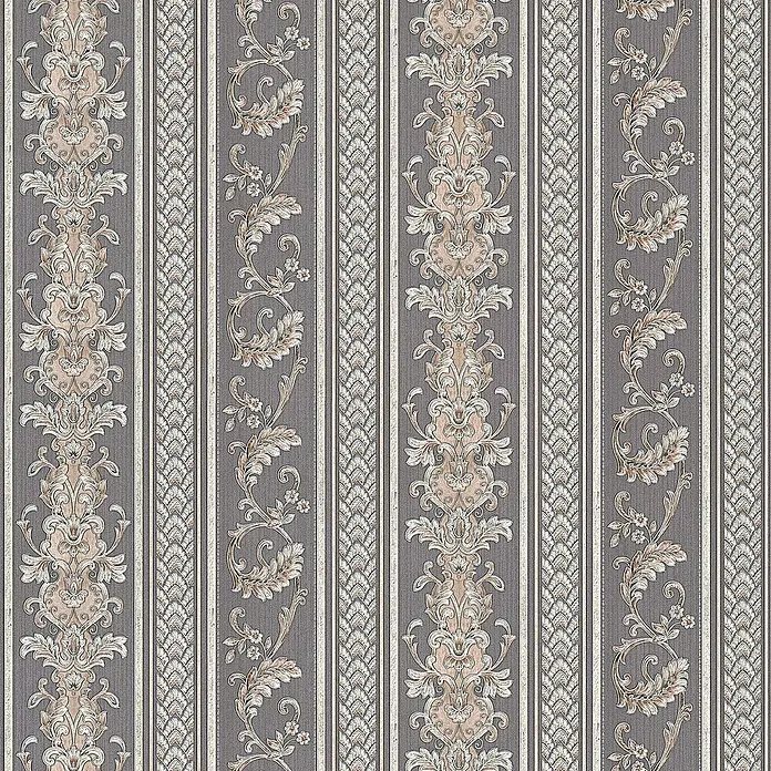 Tadessi Vliestapete M1-No.2427 - Grau, Streifen, 10,05 x 0,53 m - Graue gestreifte Tapete mit aufwendigen beigen und rosafarbenen Damast- und Blumenmustern.