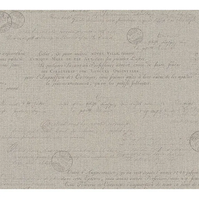 Tadessi Vliestapete M1-No.1513 - Beige, Sonstiges, 10,05 x 0,53 m - Hellbeiger Stoff mit verblasster Vintage-Schrift und runden Stempeln.