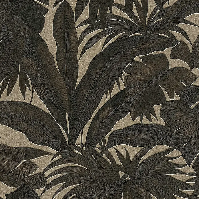 Tadessi Vliestapete M1-No.923 - Schwarz, Floral, 10,05 x 0,7 m - Strukturierte Tapete mit dunkelbraunen Tropenblättern auf hellbraunem Hintergrund.