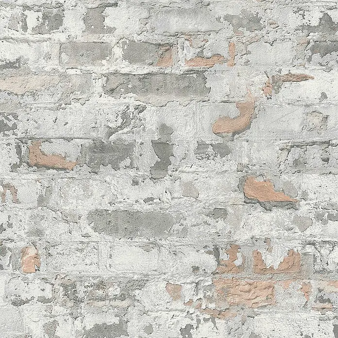 Tadessi Vliestapete M1-No.292 - Grau, Steinoptik, 10,05 x 0,53 m - Abgenutzte weiße Ziegelwand mit abblätternder Farbe, darunter graue und orangefarbene Ziegel.