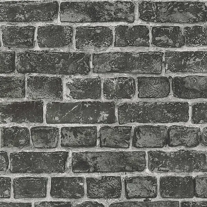 Tadessi Vliestapete M1-No.45 - Schwarz, Steinoptik, 10,05 x 0,53 m - Dunkelgraue, verwitterte Ziegelwandtextur mit hellem Mörtel.