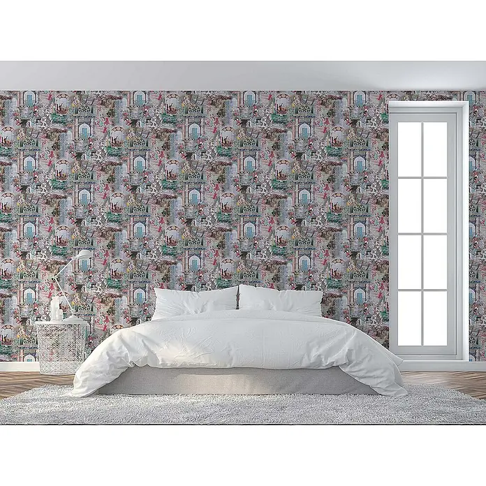 Tadessi Vliestapete M1-No.1700 - Rosa, Sonstiges, 10,05 x 0,53 m - Bunte Mustertapete an einer Schlafzimmerwand, mit aufwendigen architektonischen und figürlichen Motiven.