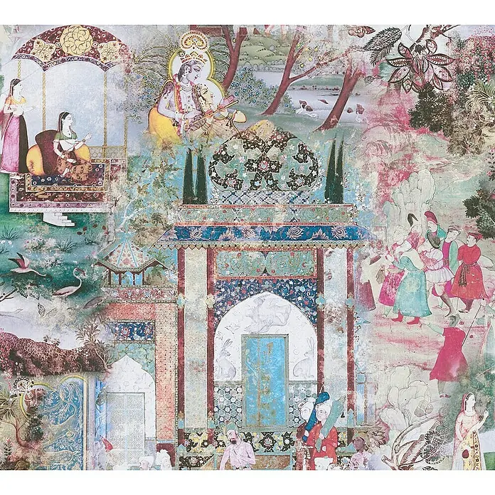 Tadessi Vliestapete M1-No.1700 - Rosa, Sonstiges, 10,05 x 0,53 m - Aufwendiges, mehrfarbiges Dekorationsmuster mit historischer Kunst, das Figuren, Architektur und Natur in einer lebendigen Collage zeigt.