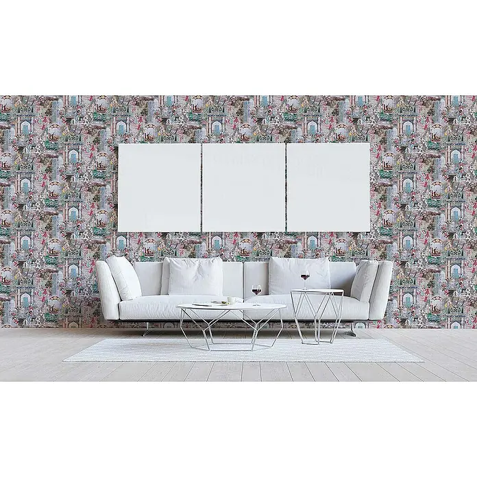 Tadessi Vliestapete M1-No.1700 - Rosa, Sonstiges, 10,05 x 0,53 m - Drei leere weiße Leinwände an einer gemusterten Wand über einem weißen Sofa im Wohnzimmer.