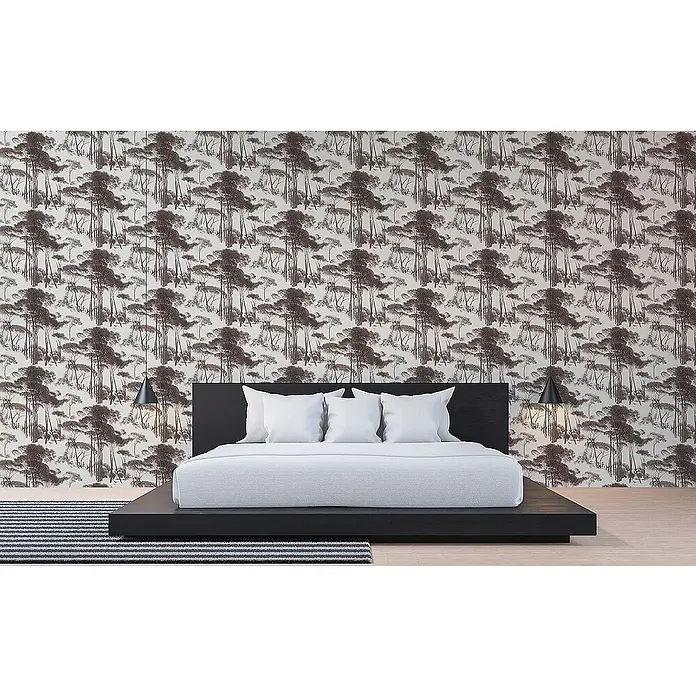 Tadessi Vliestapete M1-No.499 - Schwarz, Floral, 10,05 x 0,53 m - Modernes Bett mit schwarzem Plattformrahmen und weißer Bettwäsche in stilvollem Schlafzimmer.