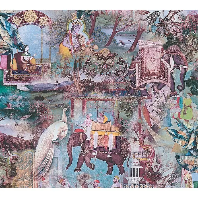 Tadessi Vliestapete M1-No.1696 - Braun, Sonstiges, 10,05 x 0,53 m - Komplexes, farbenfrohes Muster mit traditioneller indischer Kunst, Elefanten, Pfauen und Figuren in üppiger Landschaft. Vintage-Ästhetik.