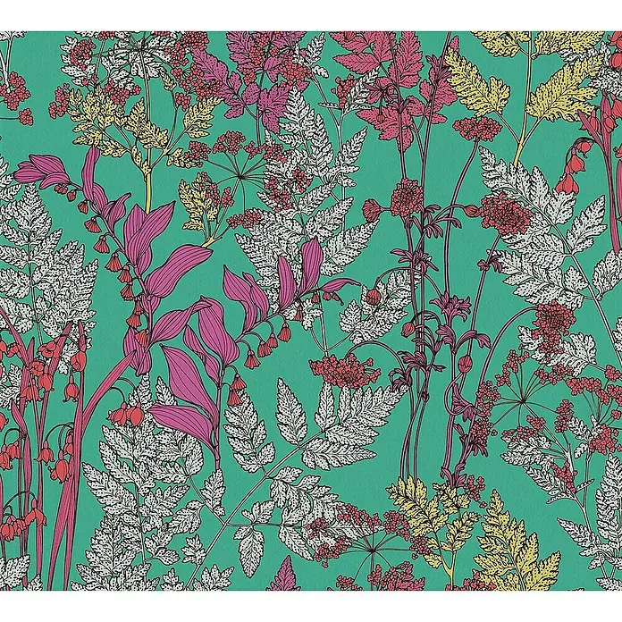 Tadessi Vliestapete M1-No.1435 - Grün, Floral, 10,05 x 0,53 m - Lebhaftes Blumenmuster mit rosa, roten, weißen und gelben Blättern, Farnen und Beeren.
