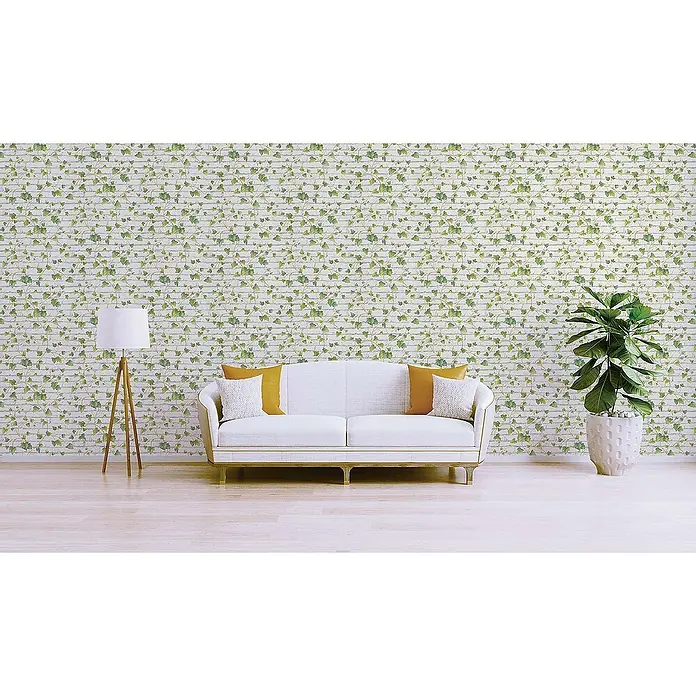 Tadessi Vliestapete M1-No.52 - Weiß, Steinoptik, 10,05 x 0,53 m - Botanische Tapete in weißer Ziegeloptik mit grünen Efeuranken im Wohnzimmer.