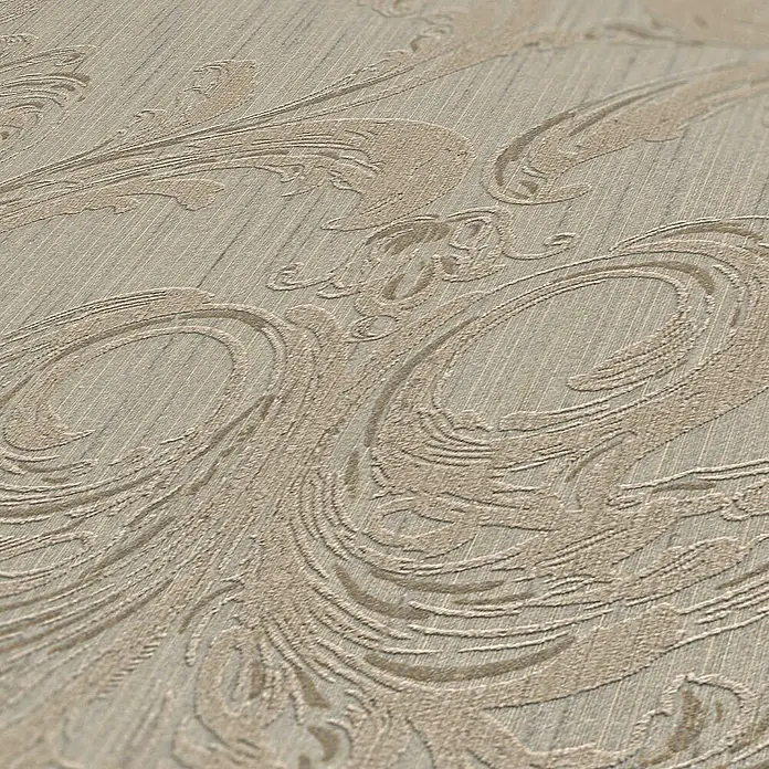 Tadessi Vliestapete M1-No.3860 - Braun, Streifen, 10,05 x 0,53 m - Beige geprägte Tapete mit einem verzierten, wirbelnden Muster.