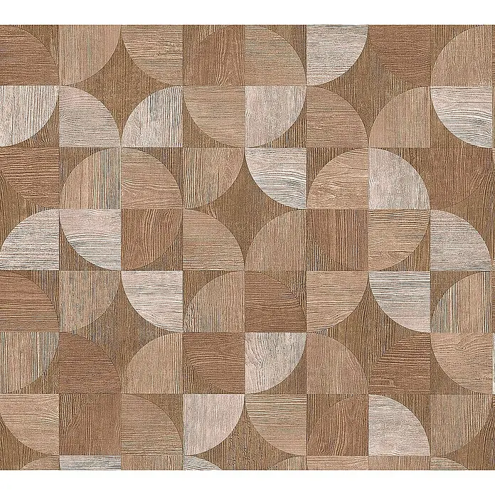 Tadessi Vliestapete M1-No.1572 - Beige, Sonstiges, 10,05 x 0,53 m - Geometrisches Holzoptik-Muster aus ineinandergreifenden braunen und beigen Quadrat- und Viertelkreisfliesen.