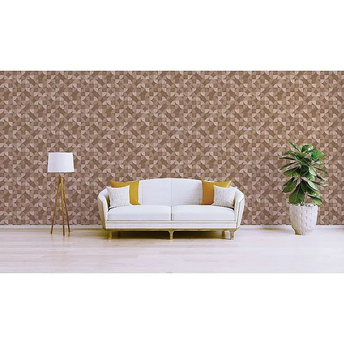 Tadessi Vliestapete M1-No.1572 - Beige, Sonstiges, 10,05 x 0,53 m - Braune Tapete mit geometrischem Muster aus verschachtelten Kreisen und Quadraten an einer Wohnzimmerwand.