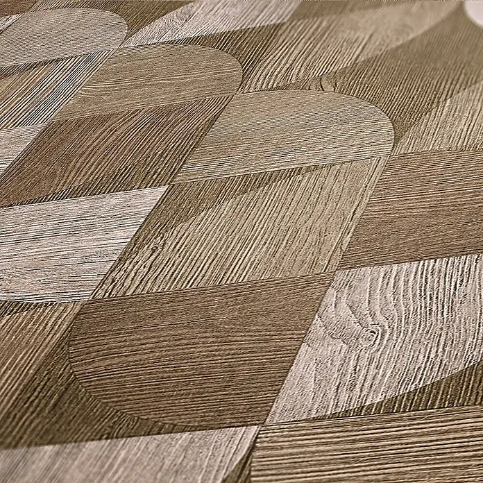 Tadessi Vliestapete M1-No.1572 - Beige, Sonstiges, 10,05 x 0,53 m - Texturierter Holzoptikboden mit modernem geometrischem Muster aus ineinandergreifenden, gebogenen Elementen in verschiedenen Brauntönen.