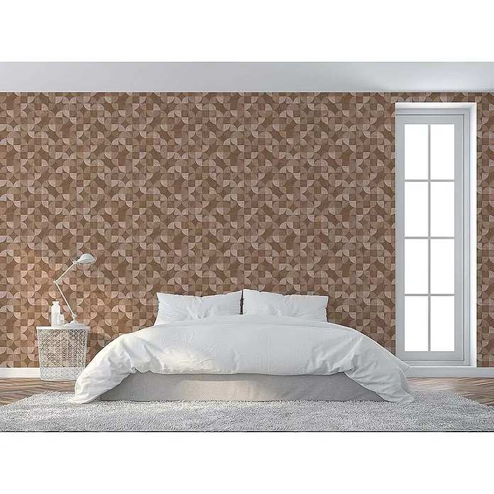 Tadessi Vliestapete M1-No.1572 - Beige, Sonstiges, 10,05 x 0,53 m - Braune Tapete mit geometrischem Muster an einer Schlafzimmerwand.