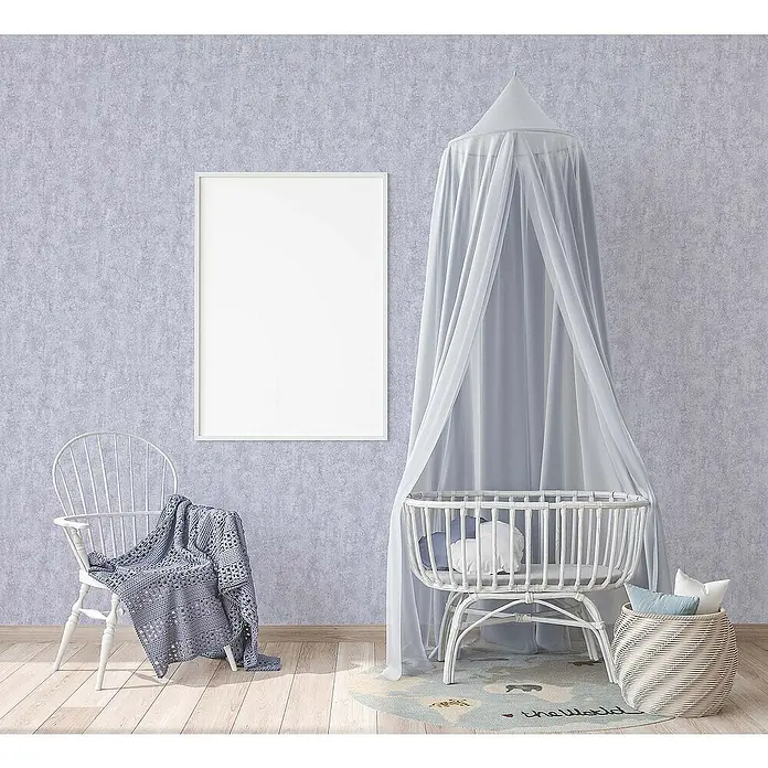 Tadessi Vliestapete M1-No.744 - Grau, Steinoptik, 10,05 x 0,53 m - Weißes geflochtenes Babybett mit transparentem Himmel in einem Kinderzimmer.