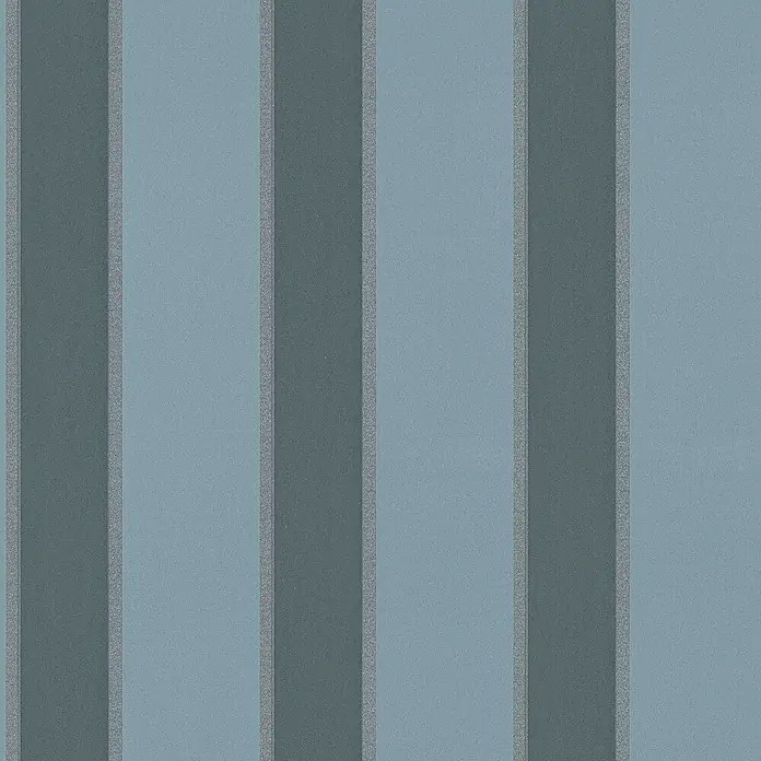 Tadessi Vliestapete M1-No.72 - Blau, Streifen, 10,05 x 0,53 m - Vertikales Streifenmuster mit abwechselnden mittelblau-grauen und dunkel türkisgrauen Bändern, getrennt durch dünne texturierte graue Linien.