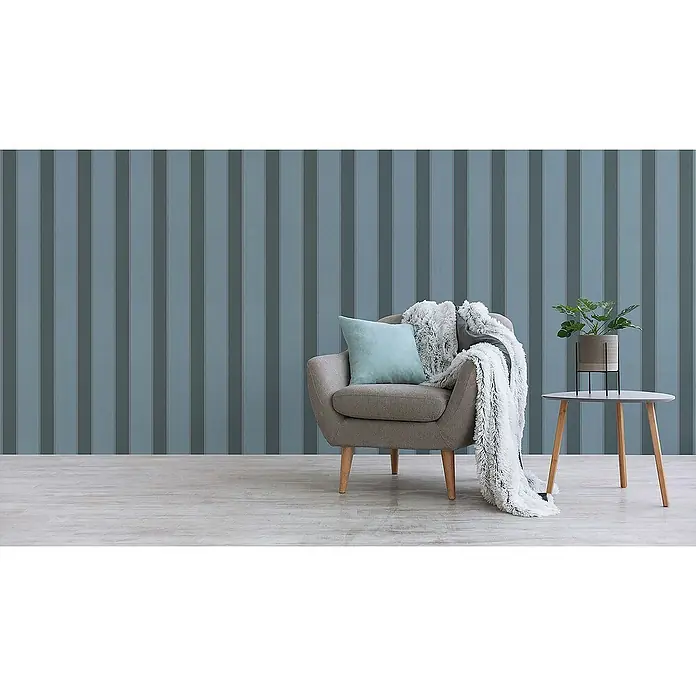 Tadessi Vliestapete M1-No.72 - Blau, Streifen, 10,05 x 0,53 m - Wand mit Tapete mit abwechselnden vertikalen Streifen in zwei blaugrauen Farbtönen.