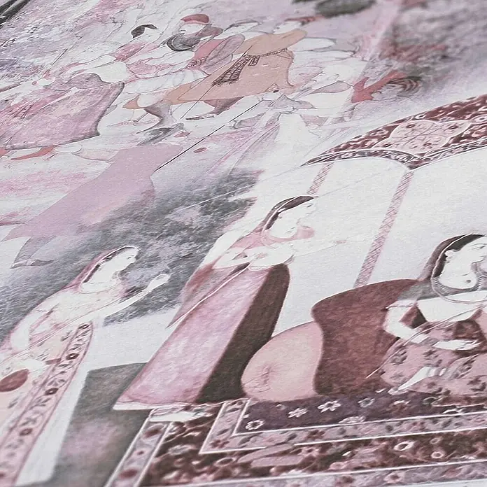 Tadessi Vliestapete M1-No.1701 - Rosa, Sonstiges, 10,05 x 0,53 m - Nahaufnahme eines verblassten rosa-braunen historischen Kunstwerks, das Frauen in traditioneller Kleidung und gemusterte Textilien zeigt.