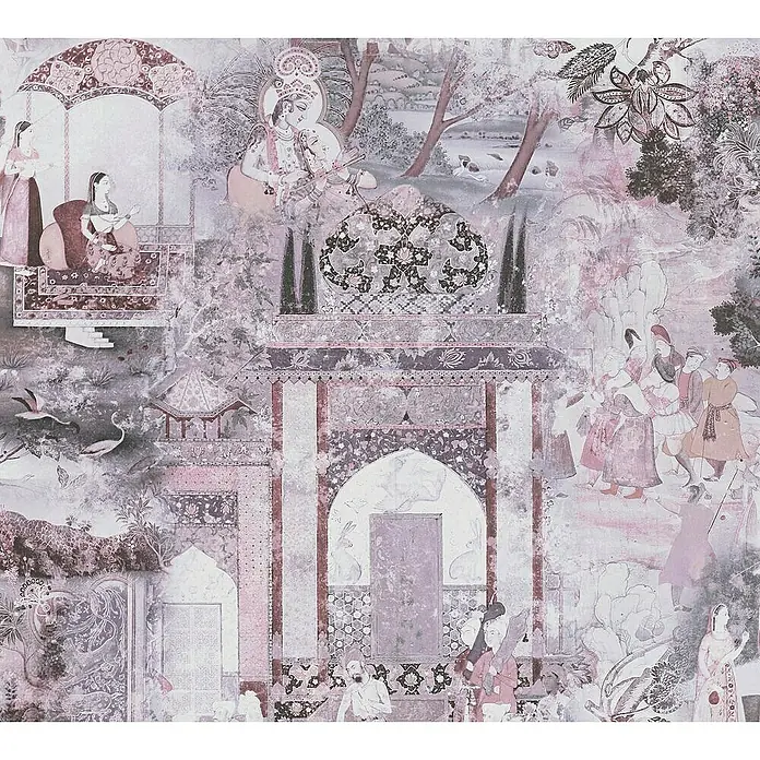 Tadessi Vliestapete M1-No.1701 - Rosa, Sonstiges, 10,05 x 0,53 m - Gedämpfte rosa und violette Tapete mit aufwendigen traditionellen südasiatischen Szenen, Figuren, Architektur und Landschaften.